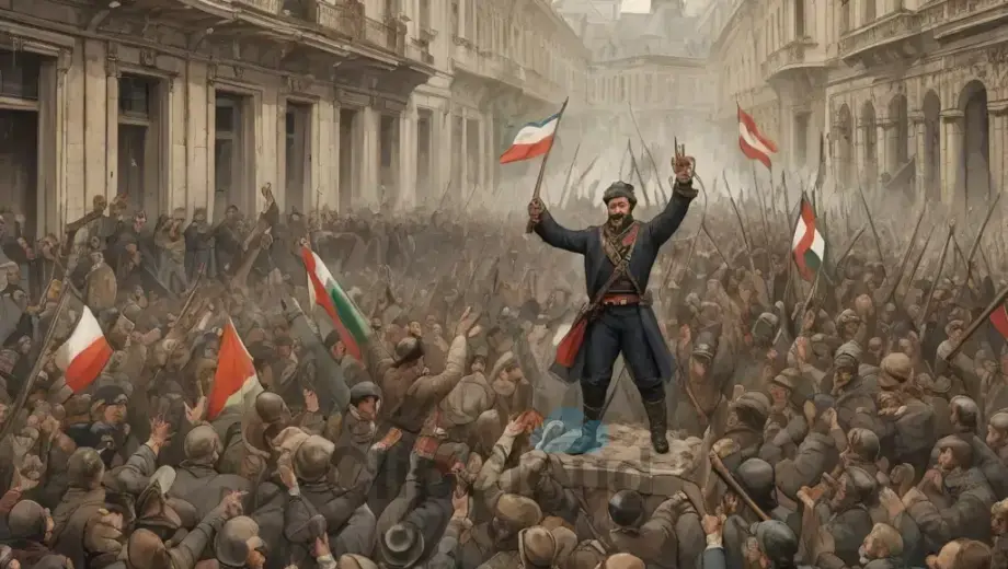 A dramatic historical scene depicting 19th century Hungarian revolutionary unrest, showing a crowd of diverse citizens expressing dissatisfaction, with a prominent figure raising a fist in defiance, set against a backdrop of ornate 1800s architecture and symbolic revolutionary elements like broken chains and a torn flag, rendered in a detailed illustration style with rich textures and historical accuracy
