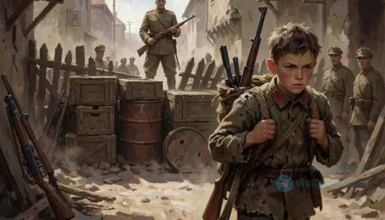 A dramatic wartime scene set in a narrow, dusty street. In the foreground, a young boy in a simple, worn-out uniform carries a bundle of weapons on his back, his face determined yet weary. Behind him, a makeshift blockade of crates, barrels, and broken fences blocks the path, with a few soldiers in the distance watching. In the middle ground, a tall, imposing figure—Gallant—stands in a military uniform, holding a rifle, looking over the blockade with a stern expression. The background shows a ru