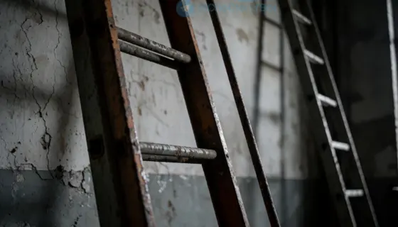 A damaged ladder leaning against a wall in a dimly lit industrial setting, with visible cracks and rust, suggesting imminent danger of collapse, no people present, tense atmosphere with muted gray and rust-orange tones