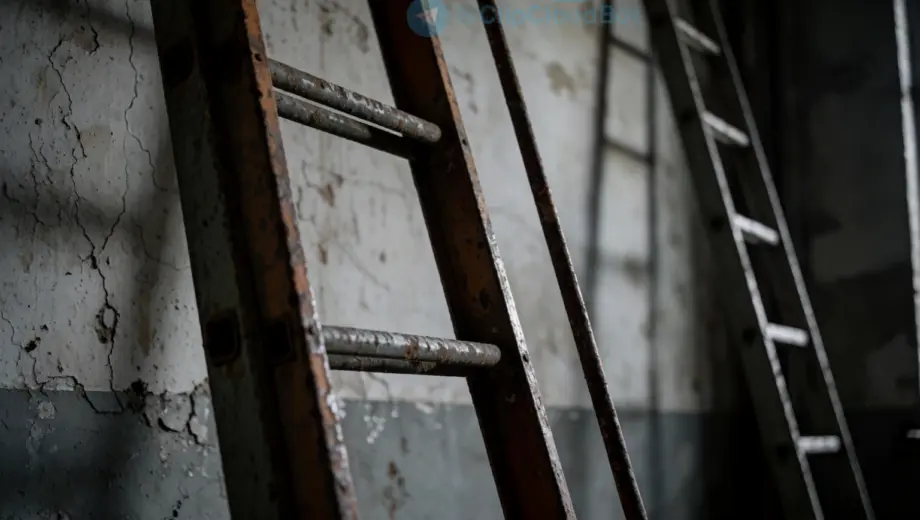 A damaged ladder leaning against a wall in a dimly lit industrial setting, with visible cracks and rust, suggesting imminent danger of collapse, no people present, tense atmosphere with muted gray and rust-orange tones