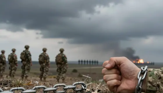 A symbolic representation of expanding terror threats, military exercise tests, and discipline, featuring abstract elements like shadowy figures in the distance, camouflaged soldiers observing from a ridge, and a broken chain or restrained fist to imply discipline, set against a tense, overcast sky with distant explosions on the horizon, all in a realistic and detailed visual style