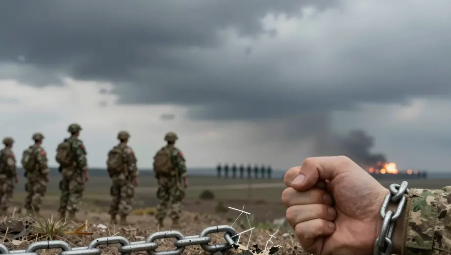 A symbolic representation of expanding terror threats, military exercise tests, and discipline, featuring abstract elements like shadowy figures in the distance, camouflaged soldiers observing from a ridge, and a broken chain or restrained fist to imply discipline, set against a tense, overcast sky with distant explosions on the horizon, all in a realistic and detailed visual style