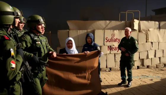 A group of soldiers forming a protective barrier around a Palestinian family, with Israeli Prime Minister Benjamin Netanyahu observing from a distance, realistic lighting, emotional atmosphere, detailed uniforms and facial expressions, no text or symbols