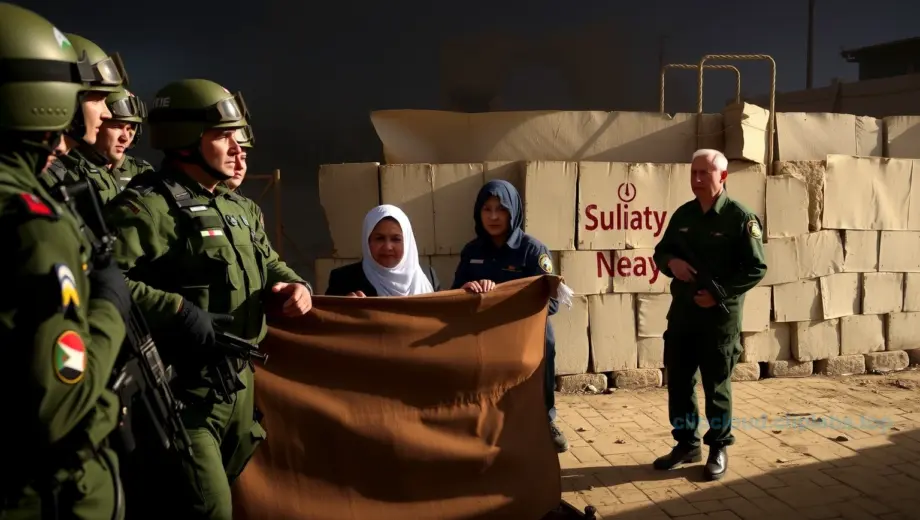 A group of soldiers forming a protective barrier around a Palestinian family, with Israeli Prime Minister Benjamin Netanyahu observing from a distance, realistic lighting, emotional atmosphere, detailed uniforms and facial expressions, no text or symbols