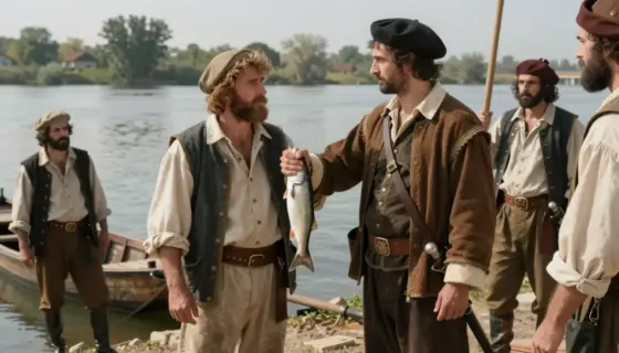 A dramatic historical scene depicting a Hungarian fisherman being captured by Ottoman forces during a tense moment, with a stern Ottoman officer holding the fisherman's arm while others look on in a rustic riverside setting with wooden boats and traditional 16th-century clothing