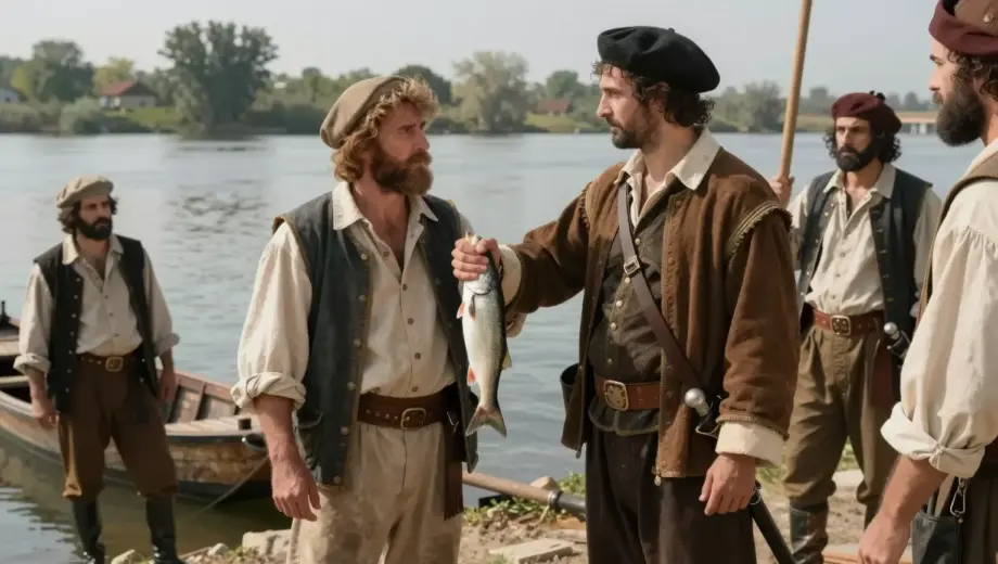 A dramatic historical scene depicting a Hungarian fisherman being captured by Ottoman forces during a tense moment, with a stern Ottoman officer holding the fisherman's arm while others look on in a rustic riverside setting with wooden boats and traditional 16th-century clothing