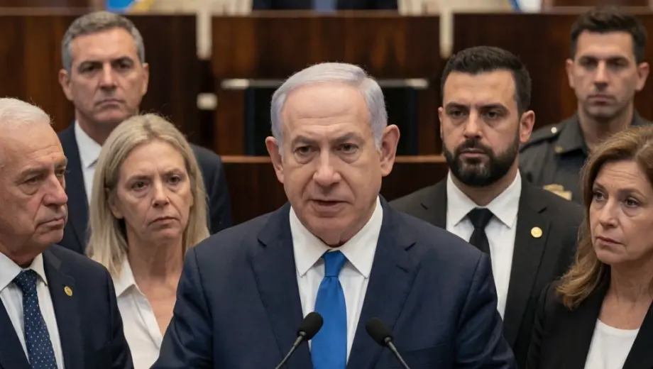 Benjamin Netanyahu speaking at a podium with a serious expression, surrounded by concerned Israeli citizens and security officials in a formal government setting, with blurred background showing the Israeli parliament (Knesset) and national symbols, conveying tension and ongoing threat