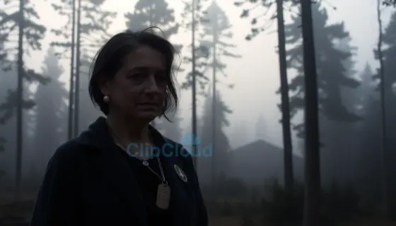 A grieving mother standing alone in a quiet, misty forest at dawn, holding a single faded military dog tag, her face etched with sorrow and quiet resolve, soft morning light filtering through tall pine trees, distant silhouette of an abandoned aircraft hangar barely visible through the fog, no text or symbols present, emotional and solemn atmosphere