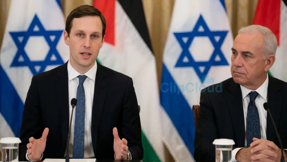 A tense diplomatic scene showing Jared Kushner speaking at a table during a peace negotiation, with Israeli and Palestinian flags in the background, subtle tension in body language, soft lighting, realistic details, no text or symbols visible
