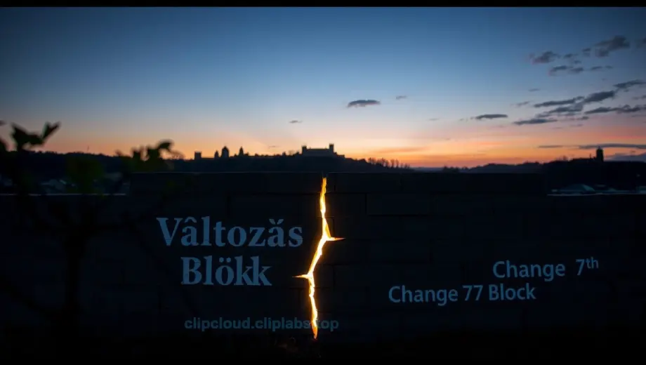 A symbolic representation of change and resilience: a cracked stone wall labeled 'Változás Blokk' (Change Block) with faint glowing cracks revealing golden light beneath, surrounded by subtle autumnal foliage and distant silhouettes of fortified structures under a twilight sky, evoking tension and hope before October 7th, no text or numbers visible