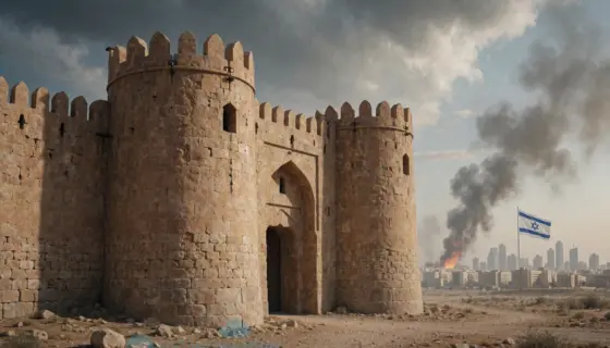 A symbolic representation of Iran's resilience amid regional tensions: a strong, ancient Persian-style fortress standing firm under a dramatic sky, with subtle hints of Houthi-Saudi conflict in the distant background (faint smoke, distant missiles) and a distant Israeli flag flying over a modern city skyline on the horizon — all rendered in a solemn, realistic tone without text, flags with legible symbols, or identifiable faces.