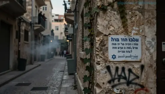 A tense urban scene in an old city with narrow stone streets, dim evening lighting, and subtle signs of tension — distant smoke, quiet alleyways, and shadowed figures observing from balconies. In the foreground, a weathered Israeli military notice written in Hebrew and Arabic is pinned to a cracked stone wall, partially obscured by graffiti and ivy. The atmosphere is somber and alert, with muted earth tones and soft shadows conveying unease without violence or explicit symbols.