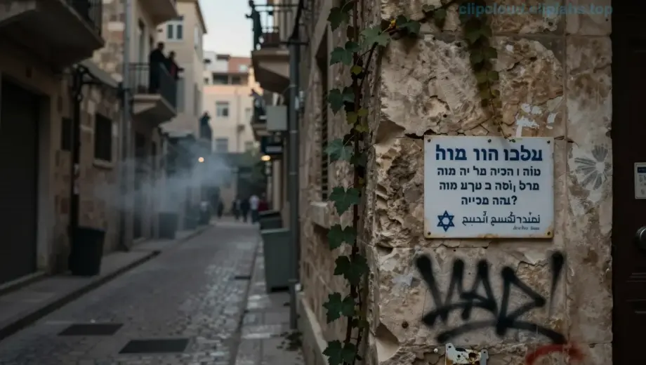 A tense urban scene in an old city with narrow stone streets, dim evening lighting, and subtle signs of tension — distant smoke, quiet alleyways, and shadowed figures observing from balconies. In the foreground, a weathered Israeli military notice written in Hebrew and Arabic is pinned to a cracked stone wall, partially obscured by graffiti and ivy. The atmosphere is somber and alert, with muted earth tones and soft shadows conveying unease without violence or explicit symbols.