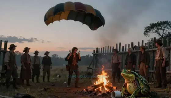 A mysterious parachute descending over a colonial settlement at dusk, with a shadowy figure named Huckabbe confronting settlers near a wooden palisade, while a small, eerie frog-like creature (balhé) sits on a spilled coffee cup beside a campfire, glowing faintly in the twilight — atmospheric, cinematic lighting, detailed textures, no text or symbols