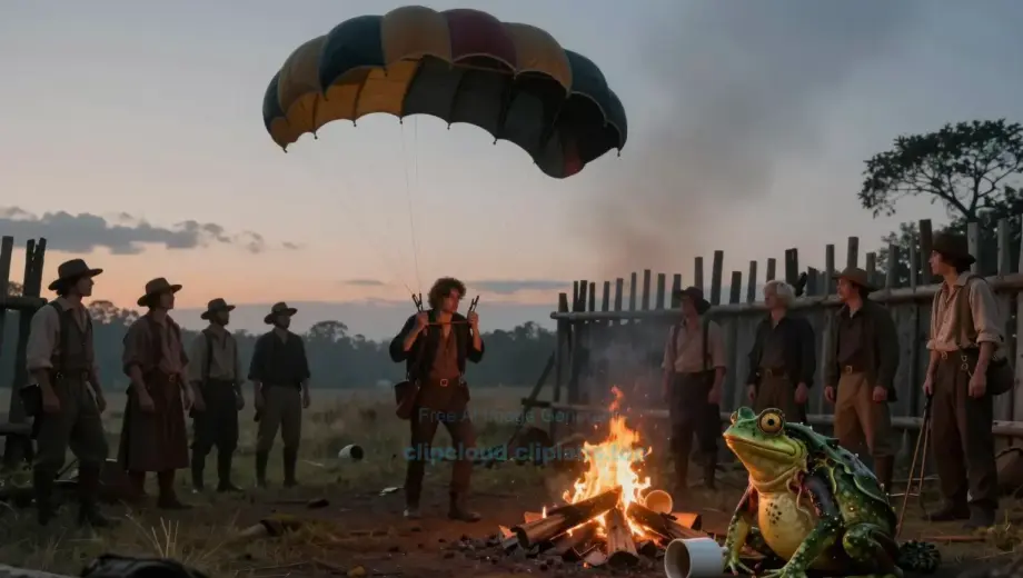 A mysterious parachute descending over a colonial settlement at dusk, with a shadowy figure named Huckabbe confronting settlers near a wooden palisade, while a small, eerie frog-like creature (balhé) sits on a spilled coffee cup beside a campfire, glowing faintly in the twilight — atmospheric, cinematic lighting, detailed textures, no text or symbols