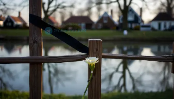 A solemn memorial scene in the Netherlands: a black armband tied around a wooden fence near a quiet canal, with a single white flower placed at its base, soft morning light, distant silhouettes of traditional Dutch houses, no people visible, atmosphere of quiet grief and remembrance