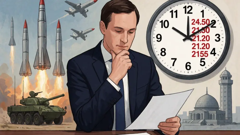 A symbolic illustration showing Iran's military capabilities with subtle representations of missiles and defense systems, Jared Kushner in a thoughtful pose evaluating documents, and a delayed election calendar or clock with postponed dates, all set against a neutral background with diplomatic and political tension implied through visual metaphors