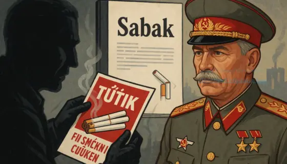 A symbolic illustration depicting propaganda of smoking (hútik), a Sabak investigation, and a military commander-in-chief's attention, showing a shadowy figure distributing cigarette posters, a dossier labeled 'Sabak' under scrutiny, and a high-ranking military officer observing closely, all in a tense, politically charged atmosphere with muted colors and subtle Soviet-era aesthetic influences