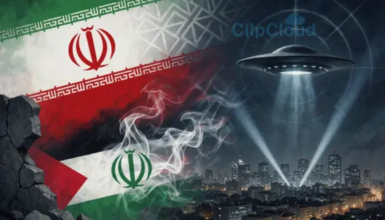 A symbolic representation of Iran strengthening its position, Hamas acknowledging something, and a UFO causing an air raid alert, depicted through abstract visual metaphors: a rising Iranian flag subtly merging with geometric patterns of resilience, a faint outline of a Palestinian flag dissolving into smoke near a broken wall, and a silent, disc-shaped UFO hovering above a city skyline at night, triggering radar waves and searchlights — all rendered in a tense, atmospheric tone without literal