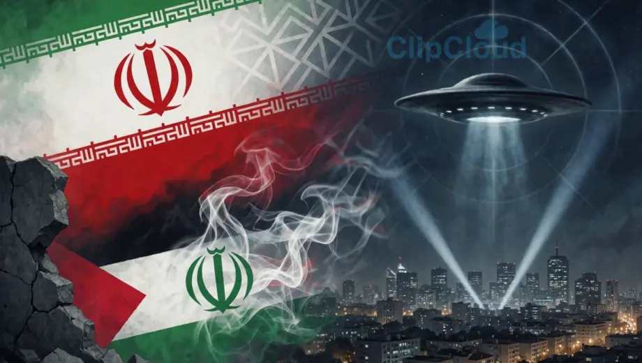 A symbolic representation of Iran strengthening its position, Hamas acknowledging something, and a UFO causing an air raid alert, depicted through abstract visual metaphors: a rising Iranian flag subtly merging with geometric patterns of resilience, a faint outline of a Palestinian flag dissolving into smoke near a broken wall, and a silent, disc-shaped UFO hovering above a city skyline at night, triggering radar waves and searchlights — all rendered in a tense, atmospheric tone without literal