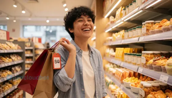 A joyful person smiling while holding a shopping bag with a discount tag, standing in a bright modern store aisle filled with appealing products on shelves, warm lighting, cheerful atmosphere