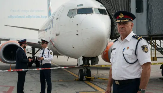 A dramatic news scene showing a stern-faced customs officer in uniform standing beside a closed Flydubai aircraft at an airport gate, with security tape blocking access, officials in discussion, and a tense atmosphere under overcast daylight, reflecting the investigation closure mentioned in the headline