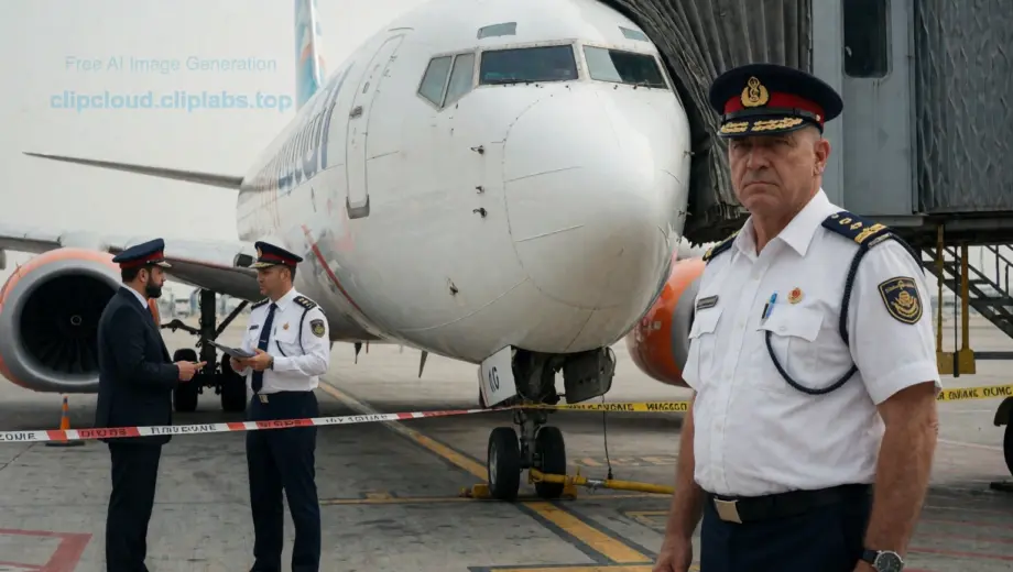 A dramatic news scene showing a stern-faced customs officer in uniform standing beside a closed Flydubai aircraft at an airport gate, with security tape blocking access, officials in discussion, and a tense atmosphere under overcast daylight, reflecting the investigation closure mentioned in the headline