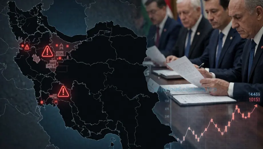 A tense geopolitical scene showing a shadowy map of Iran with subtle red warning symbols over key facilities, a blurred background of international diplomats in formal attire reviewing documents, and a faint digital overlay of polling data graphs with surprising results, all rendered in a realistic, high-detail style suitable for a news article on military escalation and public opinion