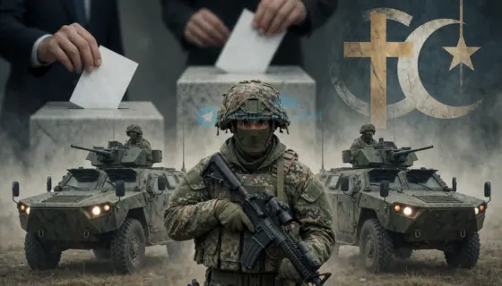 A symbolic composition showing heightened military readiness with camouflaged soldiers and armored vehicles on alert, subtle election manipulation imagery like blurred ballot boxes and shadowy figures influencing votes, and religious tension represented by overlapping symbols of different faiths cracking under pressure, all in a tense, atmospheric tone with muted colors and dramatic lighting