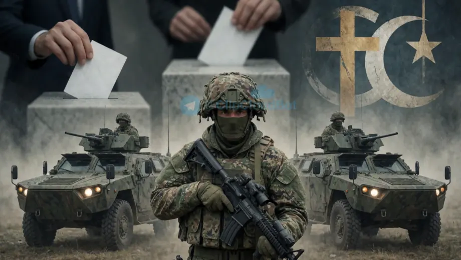 A symbolic composition showing heightened military readiness with camouflaged soldiers and armored vehicles on alert, subtle election manipulation imagery like blurred ballot boxes and shadowy figures influencing votes, and religious tension represented by overlapping symbols of different faiths cracking under pressure, all in a tense, atmospheric tone with muted colors and dramatic lighting