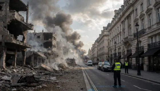 A dramatic and tense scene showing a war-torn area in Syria with damaged buildings and smoke rising, contrasted with a calm but vigilant street in London featuring police presence and subtle security measures, symbolizing the spread of terror and preventive steps; no text, no letters, no digits visible in the image