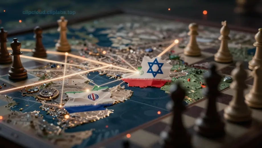 A conceptual cinematic map of the Middle East focusing on geopolitical tensions. In the foreground, symbolic silhouettes of Iran, Syria, and Israel are positioned like chess pieces on a chessboard. The atmosphere is dark and dramatic with glowing embers and strategic light lines representing political alliances. High detail, dramatic lighting, strategic political atmosphere.