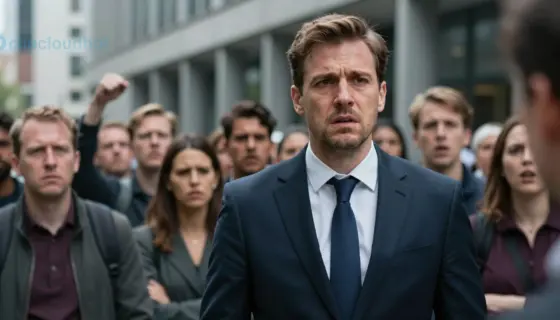 A cinematic wide shot of a professional European diplomat in a formal suit looking distressed, surrounded by a crowd of angry protesters in a modern urban city setting, dramatic lighting, high tension atmosphere, highly detailed facial expressions
