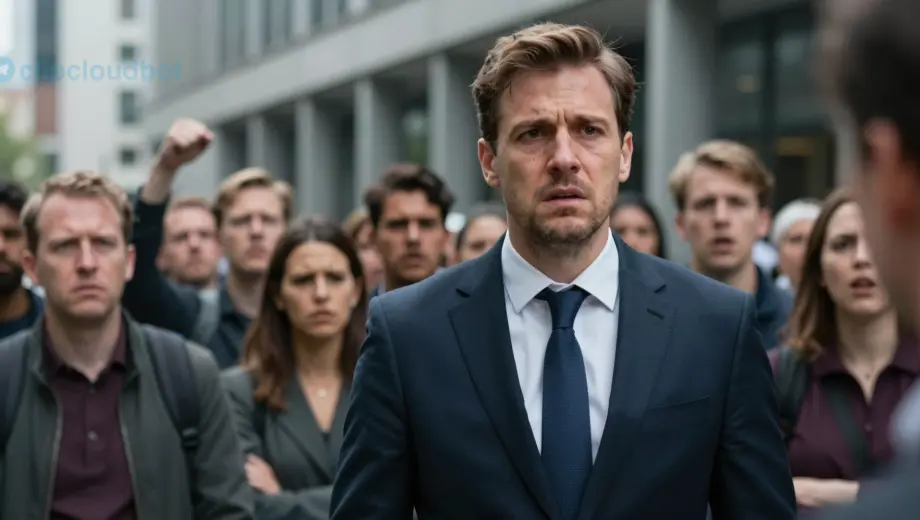 A cinematic wide shot of a professional European diplomat in a formal suit looking distressed, surrounded by a crowd of angry protesters in a modern urban city setting, dramatic lighting, high tension atmosphere, highly detailed facial expressions