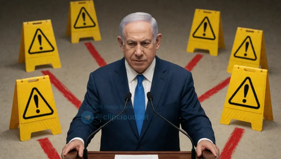A symbolic image of Israeli Prime Minister Benjamin Netanyahu standing at a podium, with several warning signs and red lines drawn on the floor behind him that he is stepping over or ignoring, conveying the idea of ignored warnings and red lines, in a serious and political tone