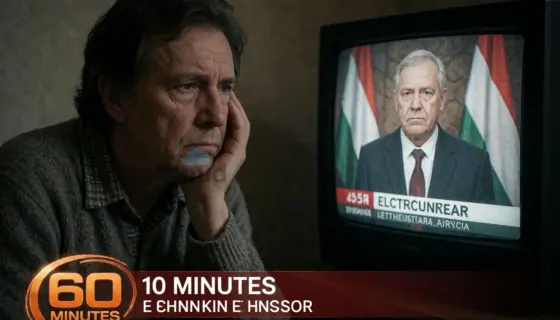 A somber political scene showing a concerned Hungarian citizen watching a news broadcast on television, with subtle visual references to election aftermath and a symbolic '60 Minutes' news segment overlay, dim lighting, realistic details, no text or logos visible