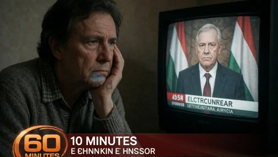 A somber political scene showing a concerned Hungarian citizen watching a news broadcast on television, with subtle visual references to election aftermath and a symbolic '60 Minutes' news segment overlay, dim lighting, realistic details, no text or logos visible