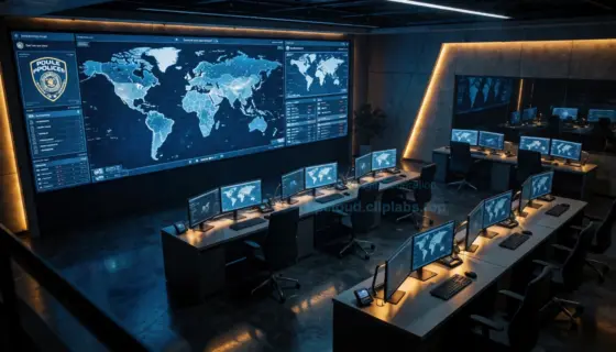 A cinematic high-angle shot of a modern international police command center with large screens displaying global maps and digital data, a mysterious atmosphere with blue and amber lighting, representing a global law enforcement investigation