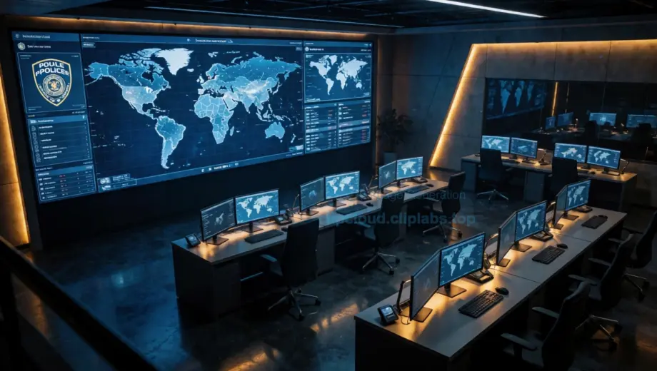 A cinematic high-angle shot of a modern international police command center with large screens displaying global maps and digital data, a mysterious atmosphere with blue and amber lighting, representing a global law enforcement investigation