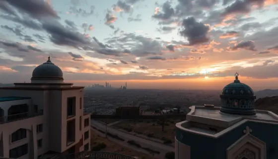 A cinematic wide-angle shot of a Middle Eastern landscape at dusk, featuring symbolic representations of diplomacy and regional tension, architectural elements of modern and traditional buildings overlooking a distant city skyline under a dramatic sky, atmospheric lighting, detailed textures