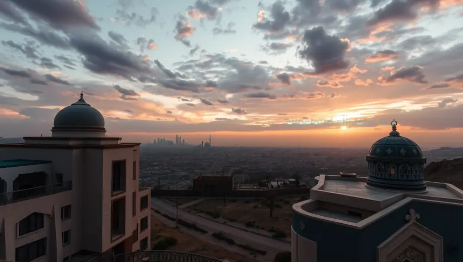 A cinematic wide-angle shot of a Middle Eastern landscape at dusk, featuring symbolic representations of diplomacy and regional tension, architectural elements of modern and traditional buildings overlooking a distant city skyline under a dramatic sky, atmospheric lighting, detailed textures