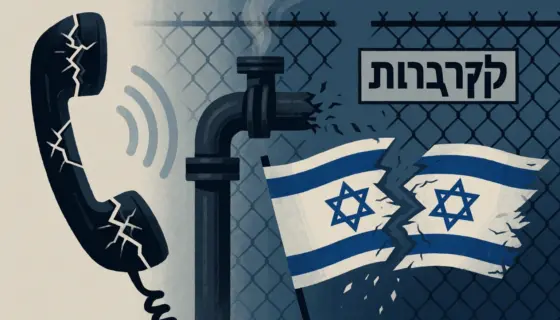 A symbolic illustration representing a telephone conversation, a gas-related issue, the Katargate scandal, and a fractured Likud party, using abstract visual metaphors: a cracked telephone receiver emitting faint sound waves, a leaking gas pipe with subtle vapor, a broken chainlink fence labeled 'Katargate' in the background, and a split Israeli flag with the Likud party logo fragmented into two halves drifting apart — all rendered in a muted, politically charged color palette of deep blue, gray