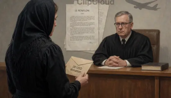 A somber courtroom scene with a person in traditional Hungarian mourning attire (black clothing, headscarf) standing before a judge's bench, holding a small envelope labeled '30 USD donation', while legal documents and an airplane silhouette are subtly visible in the background, conveying themes of grief, aviation matters, and a 3.5-year prison sentence for a minor charitable act