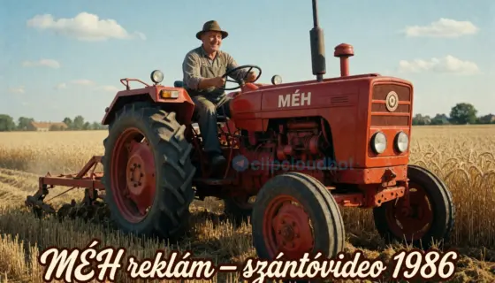 A vintage 1980s Hungarian agricultural advertisement titled 'MÉH reklám – szántóvideo 1986' featuring a cheerful farmer in traditional work clothes operating a red tractor plowing a golden wheat field under a bright blue sky, with the MÉH (Hungarian Agricultural Machinery Company) logo subtly visible on the tractor's side, retro typography in Hungarian script at the bottom reading 'MÉH reklám – szántóvideo 1986', warm sunlight casting long shadows, authentic 1980s analog video aesthetic with sli