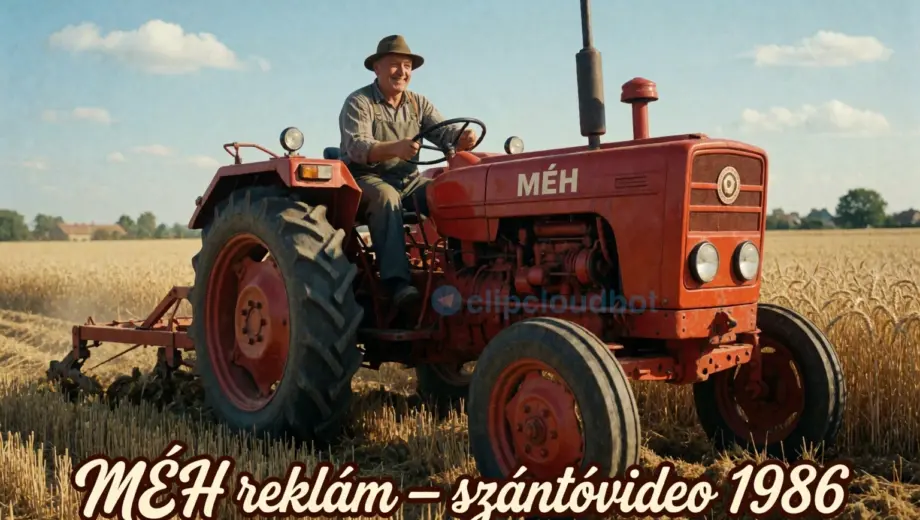 A vintage 1980s Hungarian agricultural advertisement titled 'MÉH reklám – szántóvideo 1986' featuring a cheerful farmer in traditional work clothes operating a red tractor plowing a golden wheat field under a bright blue sky, with the MÉH (Hungarian Agricultural Machinery Company) logo subtly visible on the tractor's side, retro typography in Hungarian script at the bottom reading 'MÉH reklám – szántóvideo 1986', warm sunlight casting long shadows, authentic 1980s analog video aesthetic with sli