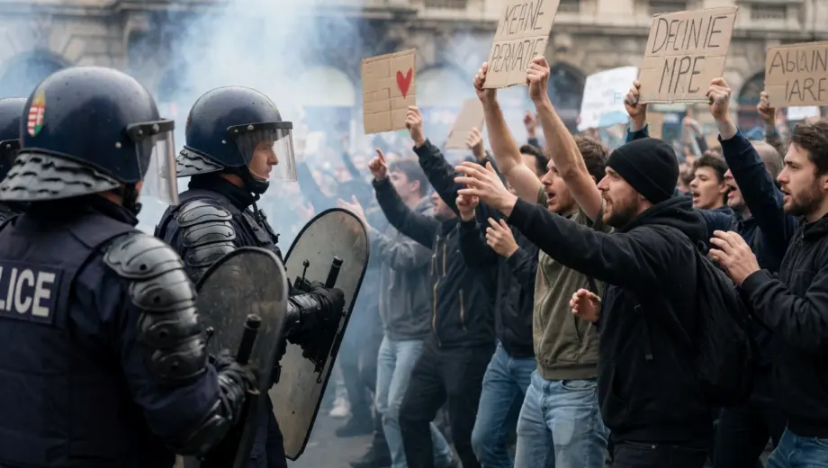 A tense scene of clashes between Hungarian police and protesters in an urban setting, with officers in riot gear facing a crowd of demonstrators, some holding signs, smoke or tear gas in the air, blurred background of city buildings, realistic depiction of civil unrest