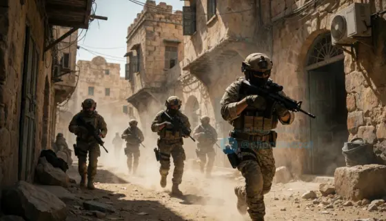 A cinematic wide shot of a modern military operation in an urban desert environment, soldiers in tactical gear moving strategically through narrow stone streets of ancient buildings, dust in the air, dramatic lighting, high tension, highly detailed atmosphere