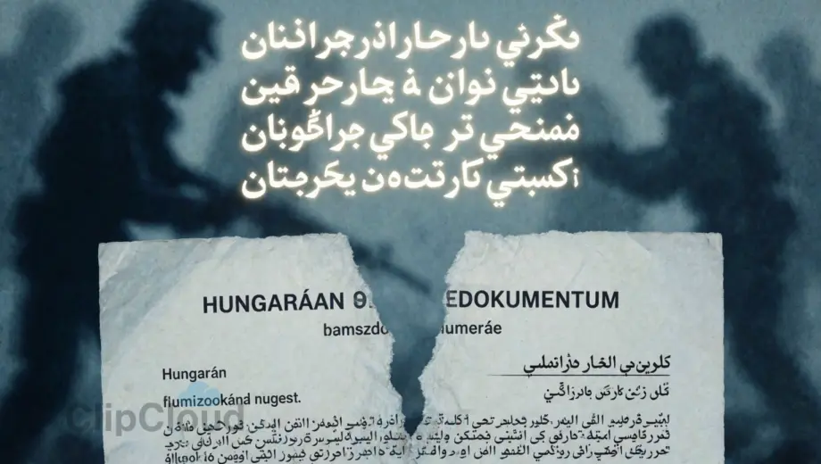 A symbolic image representing a Hungarian document (Hamász-dokumentum), a message from Aragchi, and Palestinian terrorism, depicted through abstract visual metaphors: a torn official document with Hungarian text fragments, a glowing encrypted message in Persian script floating above it, and shadowy silhouettes of figures in the background suggesting conflict, all set against a muted, tense atmosphere with cold blue and gray tones, no visible faces, no weapons, no text that could be read as legib