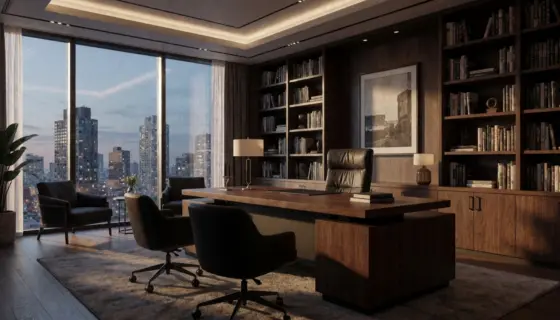 A cinematic wide shot of a modern, formal office interior with a large wooden desk, bookshelves-lined walls, and large windows overlooking a city skyline at dusk, dramatic lighting, highly detailed textures