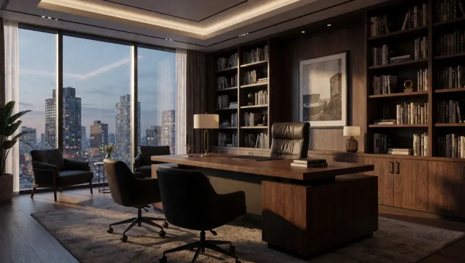 A cinematic wide shot of a modern, formal office interior with a large wooden desk, bookshelves-lined walls, and large windows overlooking a city skyline at dusk, dramatic lighting, highly detailed textures